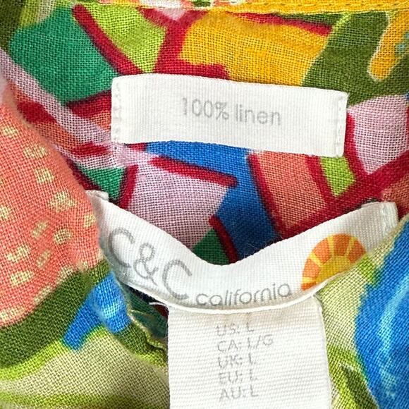 C&C California 100% Linen Shirt Women Large Multicolor Bright Tropical Button-Up - Picture 5 of 7